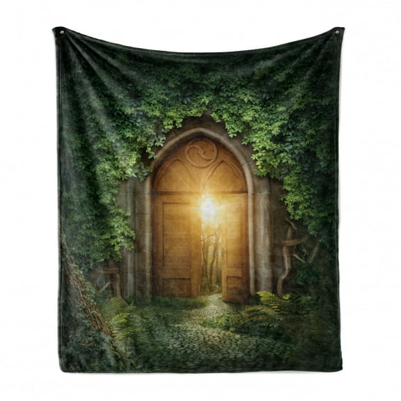 Fantasy Soft Flannel Fleece Throw Blanket, Sunbeams Through the Mysterious Half Opened Wooden Entrance with Greenery, Cozy Plush for Indoor and Outdoor Use, 60" x 80", Green and Brown, by Ambesonne