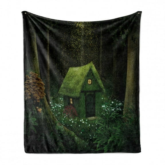 Fantasy Soft Flannel Fleece Throw Blanket, Surreal Little Forest House in Moss Enchanted Woodland Elves Design, Cozy Plush for Indoor and Outdoor Use, 50" x 60", Hunter Green Army Green, by Ambesonne