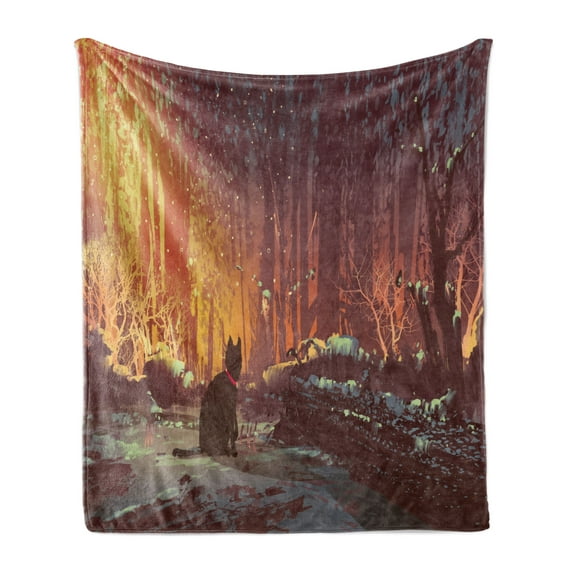 Fantasy Soft Flannel Fleece Throw Blanket, Surreal Lost Black Cat Deep Dark in Forest with Mystic Picture Artwork Print, Cozy Plush for Indoor and Outdoor Use, 50" x 70", Orange Brown, by Ambesonne