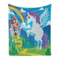 thumbnail image 1 of Fantasy Soft Flannel Fleece Throw Blanket, Surreal Mythical Unicorn Rainbow and Medieval Castle Fairy Tale Cartoon Design, Cozy Plush for Indoor and Outdoor Use, 50" x 70", Multicolor, by Ambesonne, 1 of 5