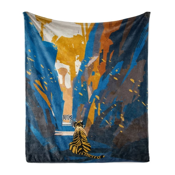 Fantasy Soft Flannel Fleece Throw Blanket, Tiger in City Streets Narrow Walls Digital Wilderness Jungle Savannah, Cozy Plush for Indoor and Outdoor Use, 70" x 90", Orange Blue, by Ambesonne