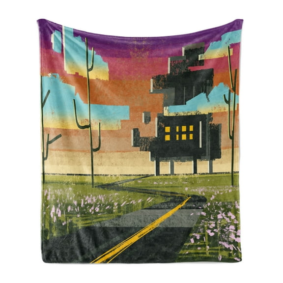 Fantasy Soft Flannel Fleece Throw Blanket, Trippy Futuristic Landscape Collage in Paint Effect Apartment in Clouds Design, Cozy Plush for Indoor and Outdoor Use, 70" x 90", Multicolor, by Ambesonne