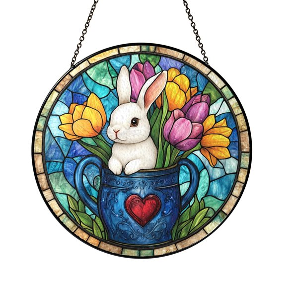 Fantasy Spring Animal Stained Glass Style Suncatcher For Window Hanging, Imaginary Forest Creature Art Decor With Beautiful Tulips, Aesthetic Room Ornament, Decorative Present For Artwork Lovers