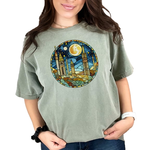 Fantasy Stained Glass Art T-Shirt, Medieval Castle Design T-Shirt, Unique Moonlit Night Shirt, Artistic Graphic Tee, Gift for Him or Her, Moss Comfort Colors T-Shirt, Medium