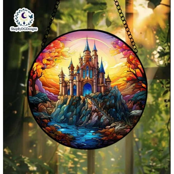 Fantasy Stained Glass Castle, Colorful Castle Window Decor, Magical Castle Suncatcher, Vibrant Hanging Art, Perfect Gift for Castle Lovers 4303520041