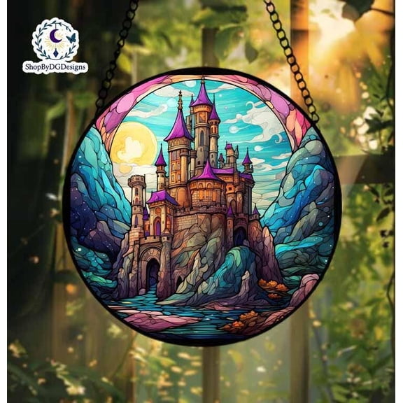 Fantasy Stained Glass Castle, Mystical Moonlight Art, Colorful Window Home Hanging, Perfect Gift for Fantasy Fans, Housewarming, Birthday 4303514414