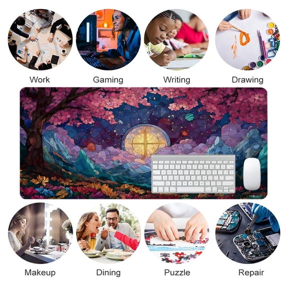 Fantasy Stained Glass Mouse Pad 31.5 x 11.82 Inches Rubber Desk Accessory with Cherry Blossom and Cosmic Compass Design