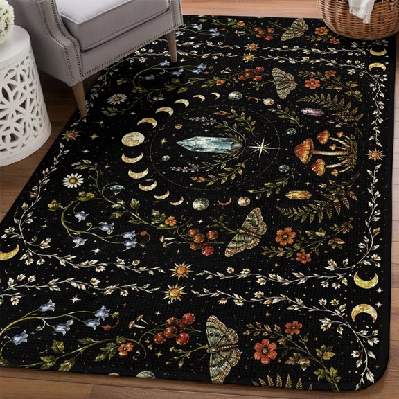 Fantasy Starry Sky Area Rugs for Living Room 5x6, Mystery Moon Phases Stars Moon Fly Agaric Fern Black Washable Area Rug Non Slip, Stain Resist Linen Carpet for Bedroom, Dining Room, Entryway