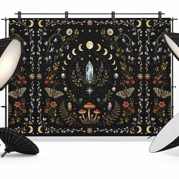 Fantasy Starry Sky Backdrops for Photography, Mystery Moon Phases Stars Moon Fly Agaric Fern Black Fabric Photo Background Sturdy Studio Props for Photo Studio, Video Recording Photoshoot 7x5ft