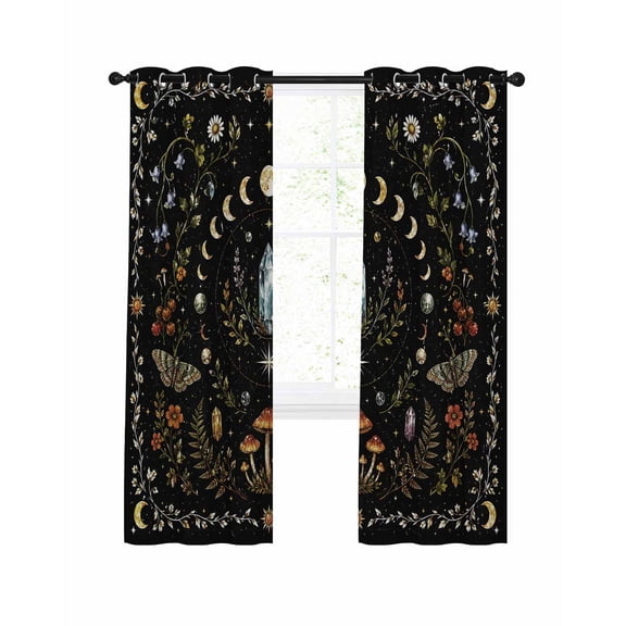Fantasy Starry Sky Blackout Curtains for Bedroom Living Room, Mystery Moon Phases Stars Moon Fly Agaric Fern Black 45 In Long Thermal Insulated Room Darkening Drapes Grommet Window Treatment 42x45 In