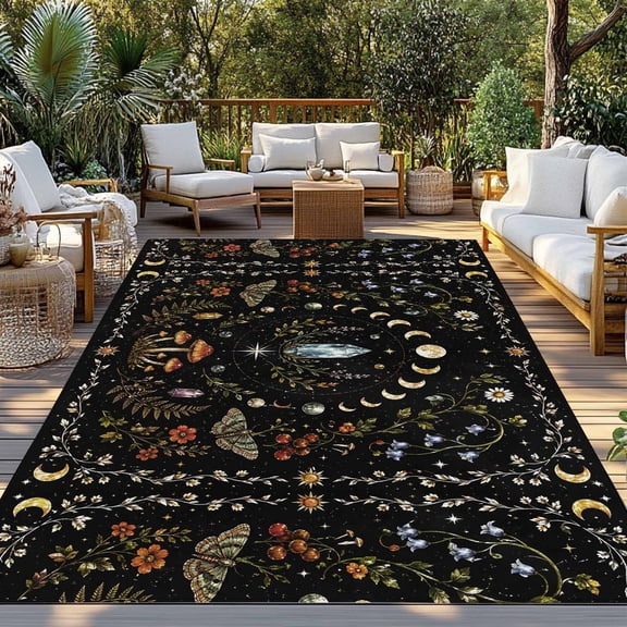 Fantasy Starry Sky Indoor Outdoor Rugs 3x5 Ft, Mystery Moon Phases Stars Moon Fly Agaric Fern Black Outdoor Patio Rugs Mat Washable Outside Area Rugs Carpet for Porch Deck RV Camping Pool Balcony