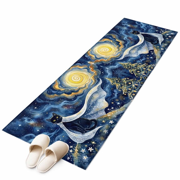 Fantasy Starry Sky Kitchen Runner Rug 2x6 Washable Runners for Hallway Non Slip Cute Black Cat Moonlight Xmas Trees Bohemia Large Area Rug Carpet for Bathroom Laundry Entryway Bedroom Living Room