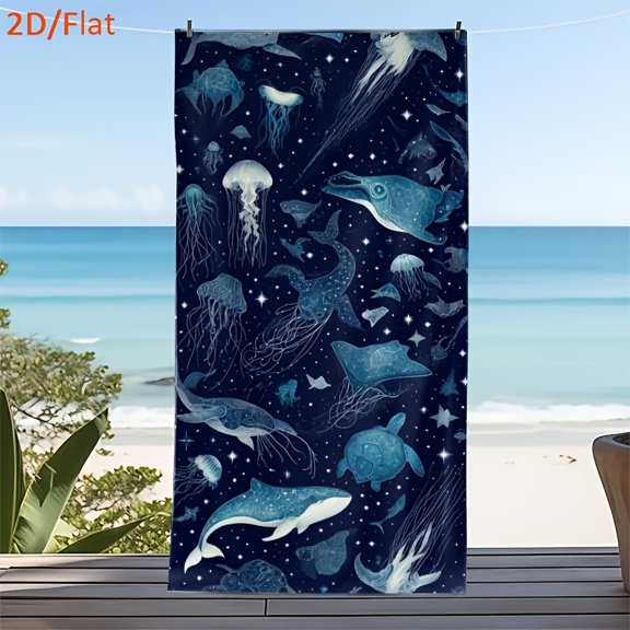 Fantasy Starry Sky Marine Life Beach Towel - Romantic Night Sky Trip of Blue Whales, Turtles and Jellyfish "Themed Beach Towel, Summer Beach Towel, Rectangular Towel, Quick-drying Absorption