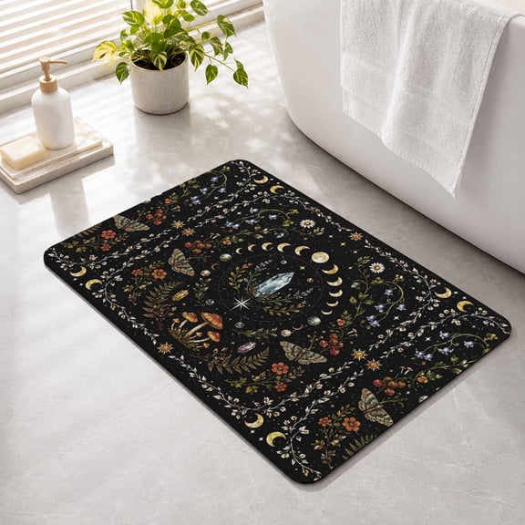 Fantasy Starry Sky Non Slip Bathroom Mat, Mystery Moon Phases Stars Moon Fly Agaric Fern Black Absorbent Bath Mat Rubber Backed Quick Dry Doormat Fit Under Door for Bathtub Shower Sink 16"x24"
