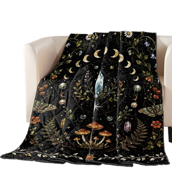 Fantasy Starry Sky Quilted Comforters Cooling Blanket Oversized King Size, Mystery Moon Phases Stars Moon Fly Agaric Fern Black Cold Comfort for Sleepers Lightweight Air Conditioning Quilt Blanket