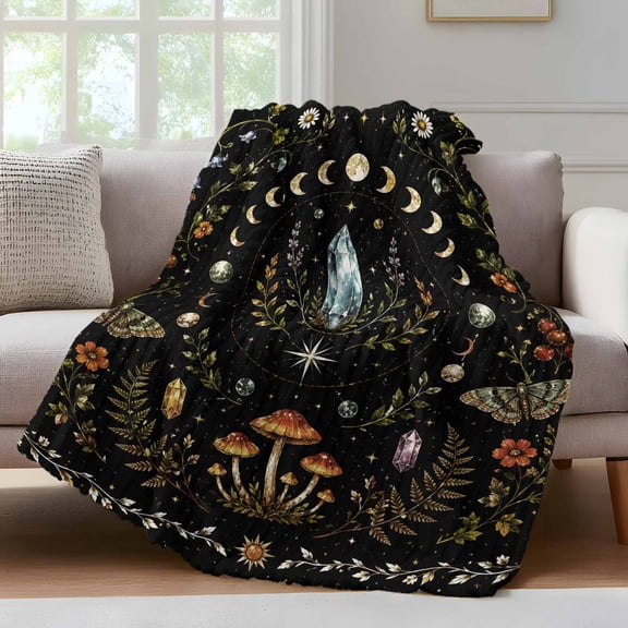 Fantasy Starry Sky Throw Blanket for Couch Mystery Moon Phases Stars Moon Fly Agaric Fern Black Soft and Warm Flannel 3D Striped Fluffy Fleece Blanket Lightweight Throw for Bed, Sofa 30 x 40 Inches
