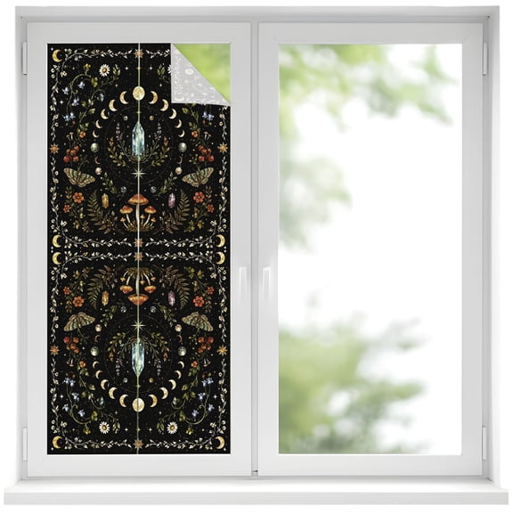 Fantasy Starry Sky Window Privacy Film Mystery Moon Phases Stars Moon Fly Agaric Fern Black Decorative Glass Window Film UV Blocking Static Cling Sticker Covering for Home Door 19.6 x 39.3 inches