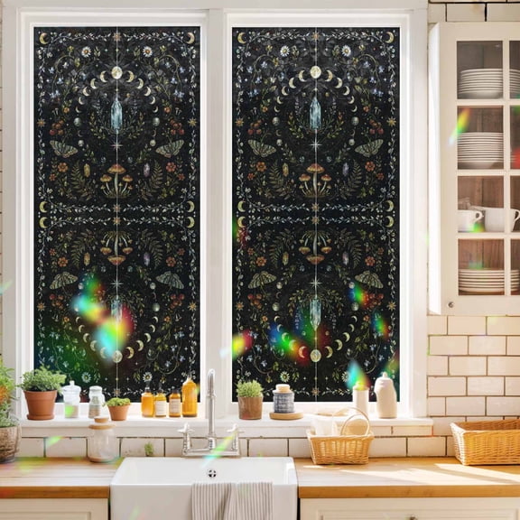 Fantasy Starry Sky Window Privacy Film Mystery Moon Phases Stars Moon Fly Agaric Fern Black Static Cling Stained Glass Window Film Non-Adhesive Decorative Decals Rainbow Sticker 17.7"X39.3"