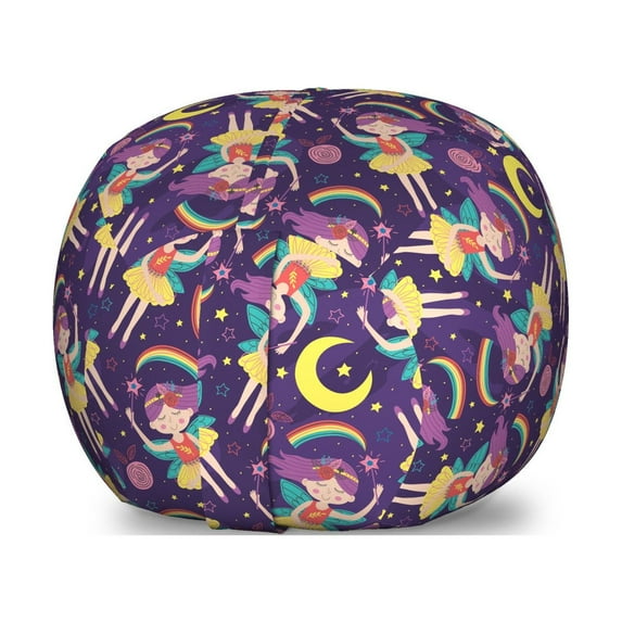 Fantasy Storage Toy Bag Chair, Colorful Nighttime Sky Scene with Stars Rainbow Moon and Fairies, Stuffed Animal Organizer Washable Bag, Small Size, Quartz and Multicolor, by Ambesonne