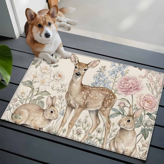 Fantasy Style 2x3 Area Rugs for Living Room, Watercolor Pastoral Deer Rabbit Flower Garden Non Slip Floor Mat Washable Low-Profile Indoor Carpet for Bedroom, Dining Room, Bathroom