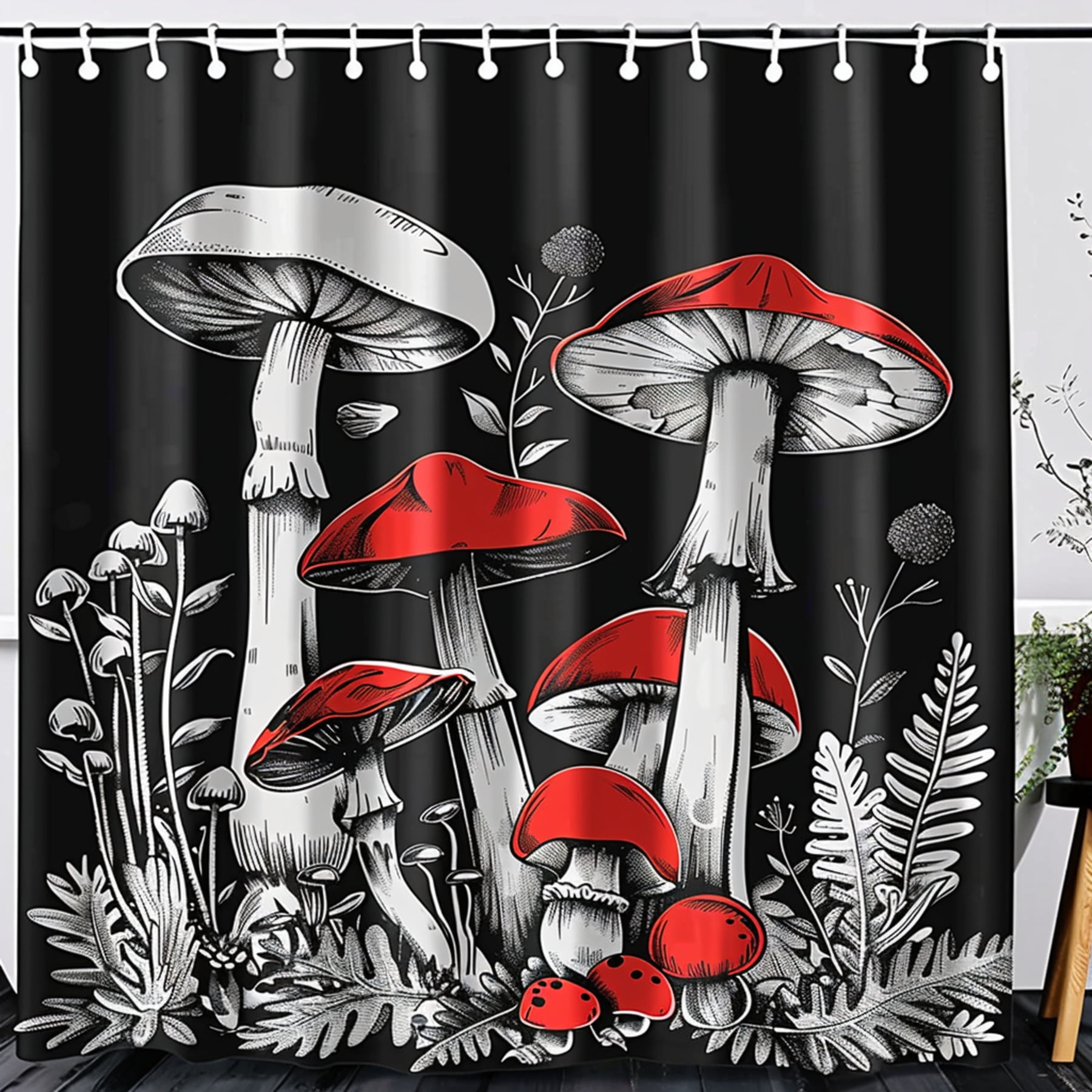 Fantasy Style Black and White Mushrooms with Red Highlights Shower