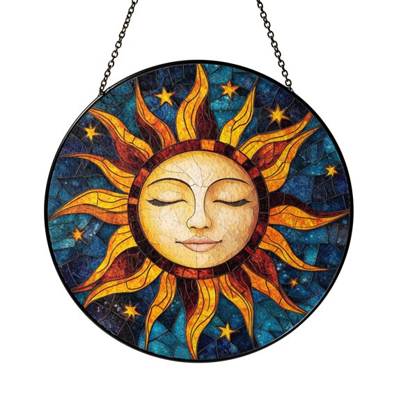 Fantasy Sun Stained Glass Window Decor – Handmade Celestial Hanging Art
