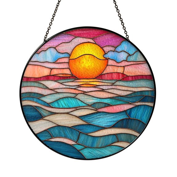 Fantasy Sunrise Beach Acrylic Stained Glass Style Suncatcher – Handmade Window Hanging Art