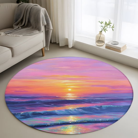 Fantasy Sunset 3FT Round Area Rugs Dreamy Coastal Modern Ocean Reflection Soft Small Round Rug Non-Slip, Ultra-Thin Indoor Circle Carpet for Bedroom Entryway Kitchen Bathroom