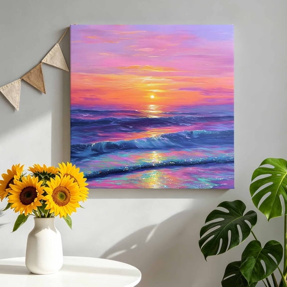 Fantasy Sunset Canvas Wall Art, Dreamy Coastal Modern Ocean Reflection Framed Canvas Wall Decor Picture Print Artwork Decorations for Living Room Office Ready to Hang 16" x 16"