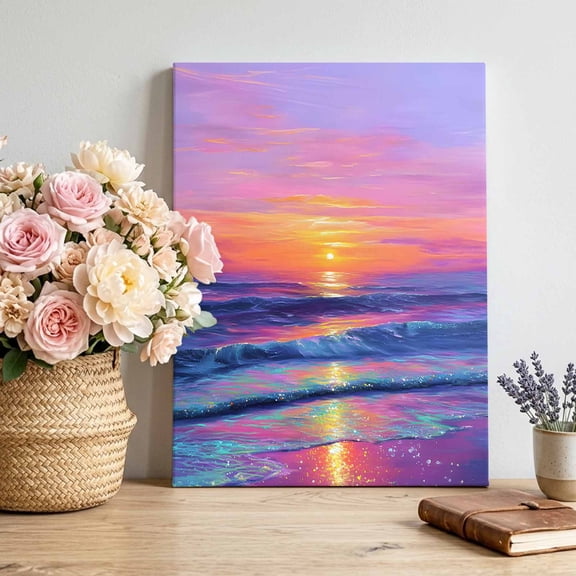 Fantasy Sunset Canvas Wall Art, Dreamy Coastal Modern Ocean Reflection Pictures Wall Decor Wooden Framed Artwork Art Prints for Living Room Hallway Bedroom Office 12"x16"