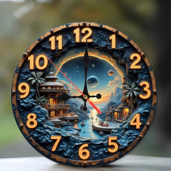 Fantasy Sunset Cityscape Wall Clock 10-Inch Silent Wooden Wall Clock, Battery Operated (AA Batteries Not Included), Artistic Home Decor