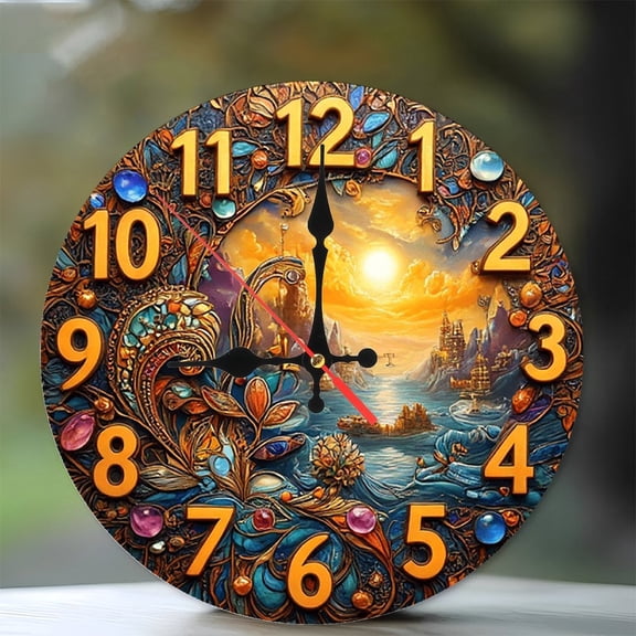 Fantasy Sunset Ocean Wall Clock Decor 10-Inch Silent Wooden Wall Clock, Battery Operated (AA Batteries Not Included), Artistic Home Decor