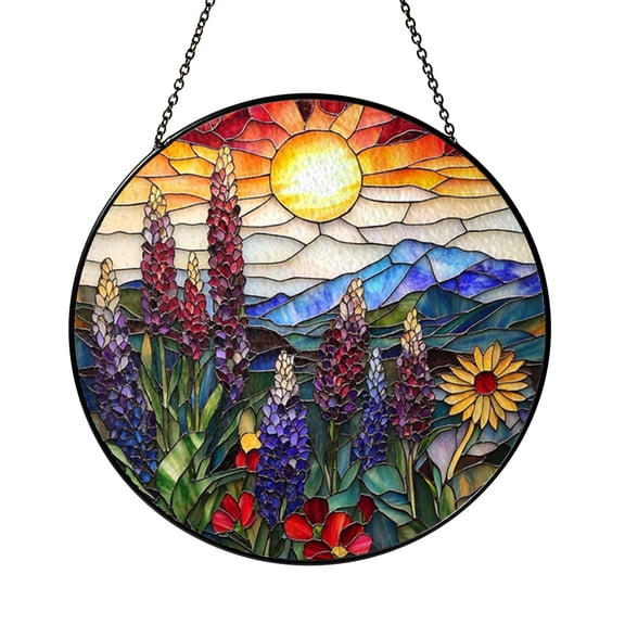 Fantasy Sunset Over Wildflower Meadow Stained Glass Style Suncatcher, Decorative Window Hanging Art Accent