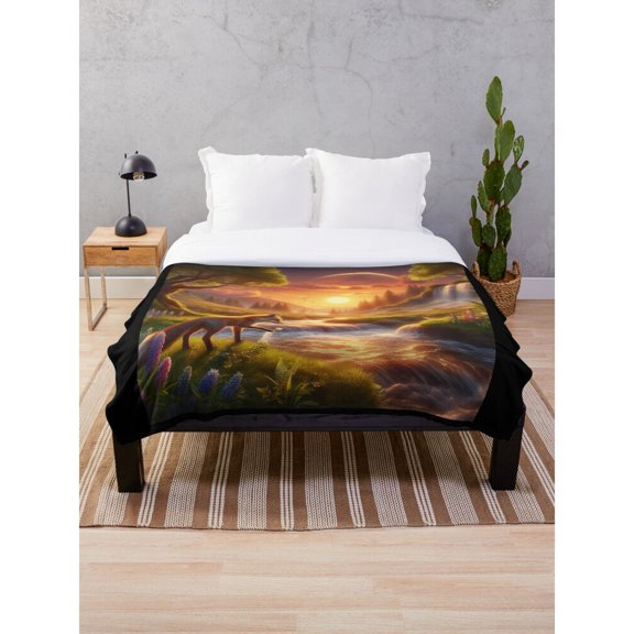 Fantasy Sunset River and Stone Arch Bridge Landscape Gold Green Polyester Fleece Blanket, 280 GSM, Scenic Style