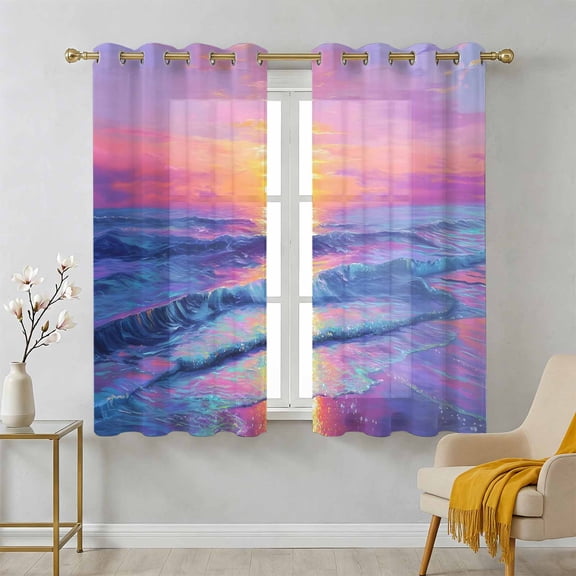 Fantasy Sunset Sheer Curtains 45 Inch Long 2 Panels, Dreamy Coastal Modern Ocean Reflection Light Filtering Semi Sheer Drapes Grommet Voile Window Curtain for Living Bedroom W42 x L45