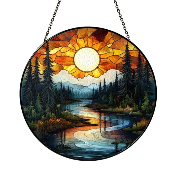 Fantasy Sunset Stained Glass Style Window Suncatcher, Forest River Landscape Art Decor, Decorative Nature Window Hanging Light Catcher