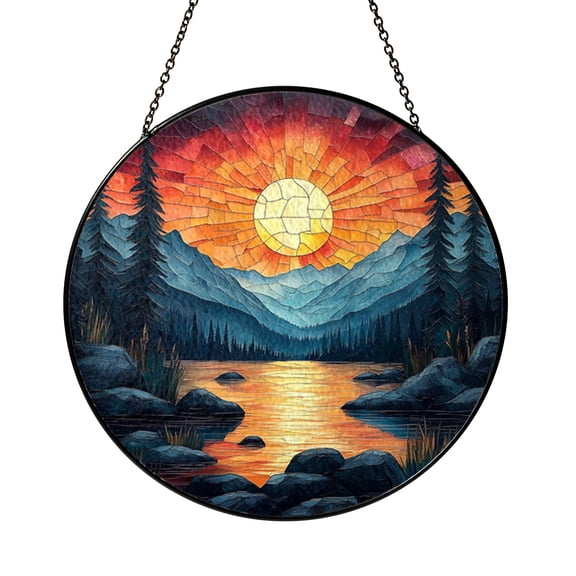 Fantasy Sunset Stained Glass Style Window Suncatcher, Mountain Landscape Art Decor, Decorative Hanging Light Catcher