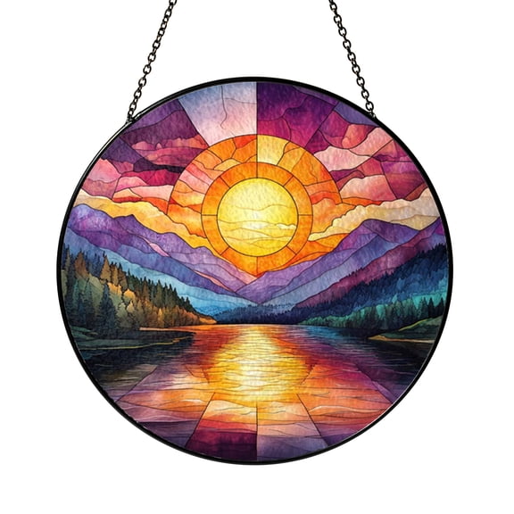 Fantasy Sunset Sunrise Tree Stained Glass Window Decor – Handmade Hanging Art