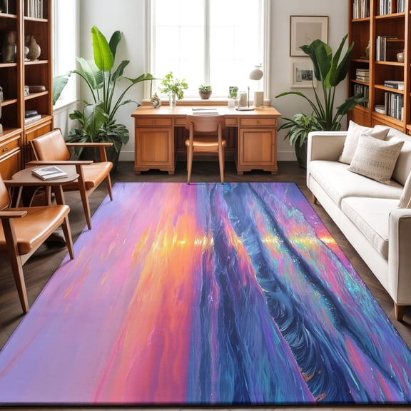 Fantasy Sunset Washable Area Rug 9 x 12 ft Dreamy Coastal Modern Ocean Reflection, Soft Non Slip Rugs Stain Repellent Indoor Felt Carpet for Living Dining Room Bedroom Home Office