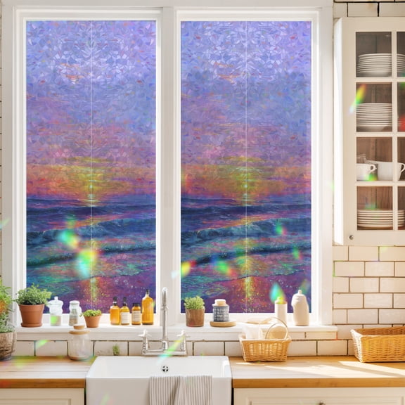 Fantasy Sunset Window Privacy Film Dreamy Coastal Modern Ocean Reflection Static Cling Stained Glass Window Film Non-Adhesive Decorative Decals Rainbow Sticker 17.7"X39.3"