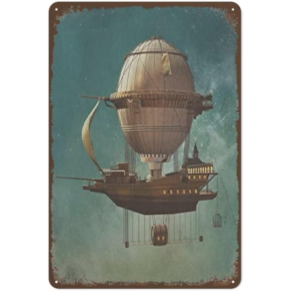 Fantasy Surreal Sky Steampunk Airship Metal Tin Wall Art Sign, Rustic Retro Vintage Decor, 12 x 8 Inch