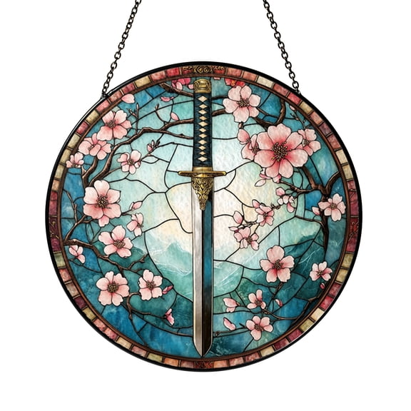 Fantasy Sword Cherry Blossom Stained Glass Suncatcher Window Hanging Decor, Decorative Blade and Floral Glass Panel Art, Botanical Stained Glass Style Window Ornament, Artistic Window Decor Gift