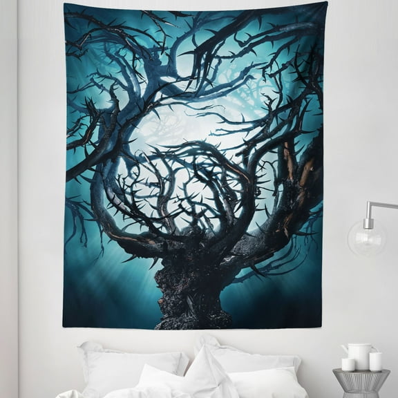 Fantasy Tapestry, Big Tree Thorns Branch in Spooky Night Fantasy Halloween Illustration Print, Fabric Wall Hanging Decor for Bedroom Living Room Dorm, 5 Sizes, Teal White, by Ambesonne
