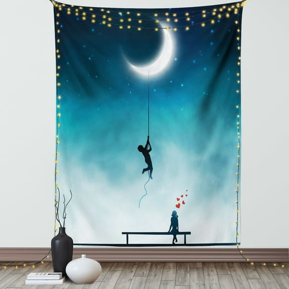 Fantasy Tapestry, Boy Climbing To The Moon With Rope and Girl On Bench Love Romance Fantasy Art, Wall Hanging for Bedroom Living Room Dorm Decor, 60W X 80L Inches, Teal and White, by Ambesonne