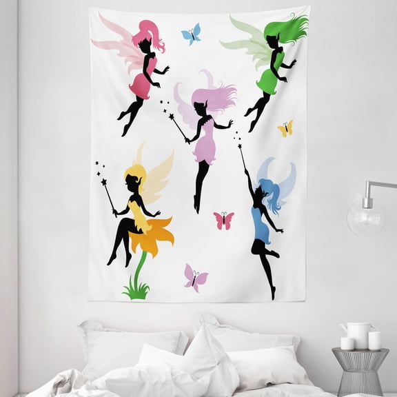 Fantasy Tapestry, Cute Pixie Spirit Elf Fairies Flying with Butterflies Girls Princess Flowers Design, Wall Hanging for Bedroom Living Room Dorm Decor, 60W X 80L Inches, Multicolor, by Ambesonne