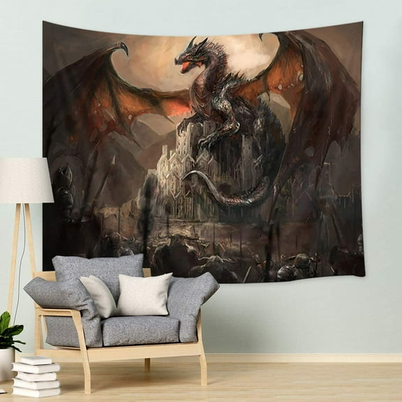 Fantasy Tapestry, Gothic Dragon on Castle Wall Tapestry, Magical Landscape Tapestry Wall Hanging for Bedroom Living Room Dorm 60X51Inches