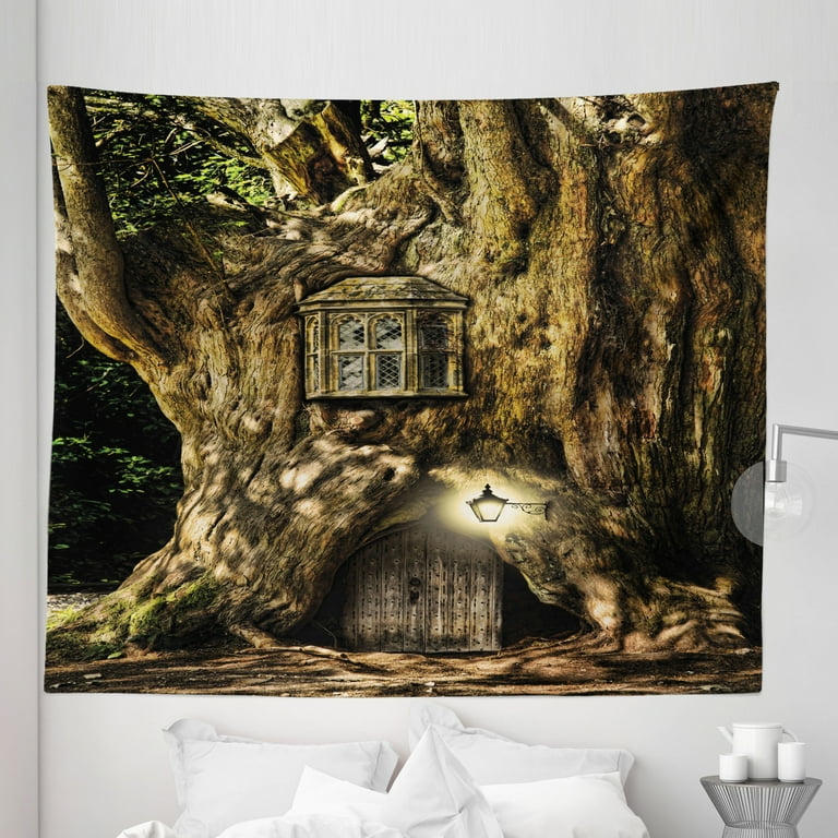 Fantasy Tapestry, House in Tree Trunk in Forest with Lanterns Folk