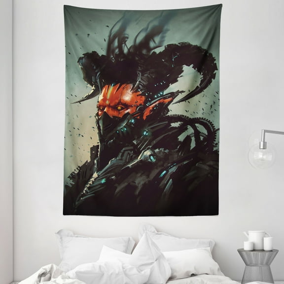 Fantasy Tapestry, Unusual Sinister Robotic Demon Character Futuristic Computer-Generated Cyber Print, Wall Hanging for Bedroom Living Room Dorm Decor, 60W X 80L Inches, Black Red, by Ambesonne