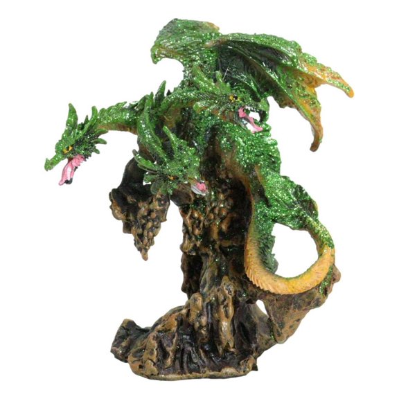 Fantasy Three Headed Green Dragon Hydra Perching On Ancient Tree Figurine 5"H