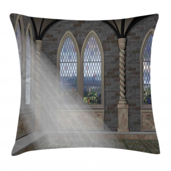 Fantasy Throw Pillow Cushion Cover, Crepuscular Rays Streaming Through Stained Glass Window Ancient Palace Castle, Decorative Square Accent Pillow Case, 20 X 20 Inches, Grey Cream White, by Ambesonne